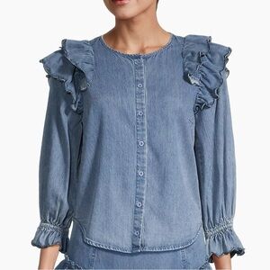 Stellah NWT Denim Ruffle 3/4 Sleeve Top Large chambray cottagecore prairie retro
